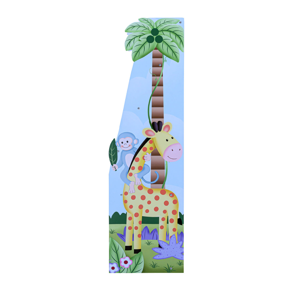 A Fantasy Fields Kids Sunny Safari Wooden Display Bookshelf with Storage Cubbies, Multicolor and a monkey, jungle creatures, hanging from a tree.