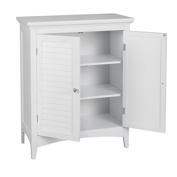 A White Glancy 2-Door Floor Cabinet with Louvered Doors, Chrome Knobs with the doors open, revealing two interior shelves