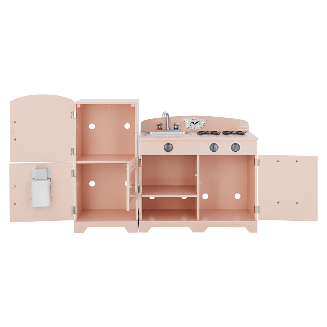 The Teamson Kids Little Chef Fairfield Retro Kids Kitchen Playset with all the doors open to show the large amount of hidden storage included.