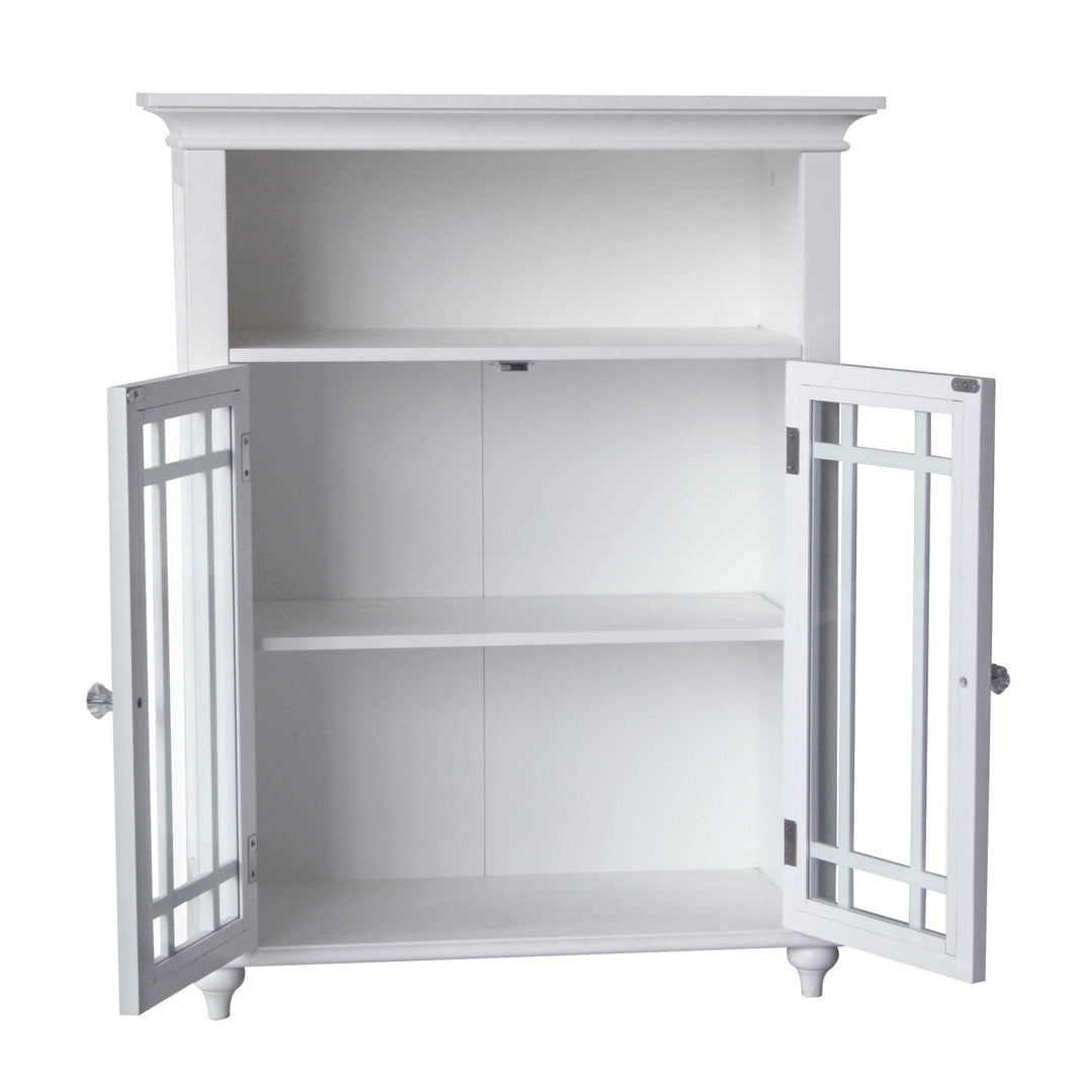 Close=up with the cabinet door open revealing the adjustable shelf inside