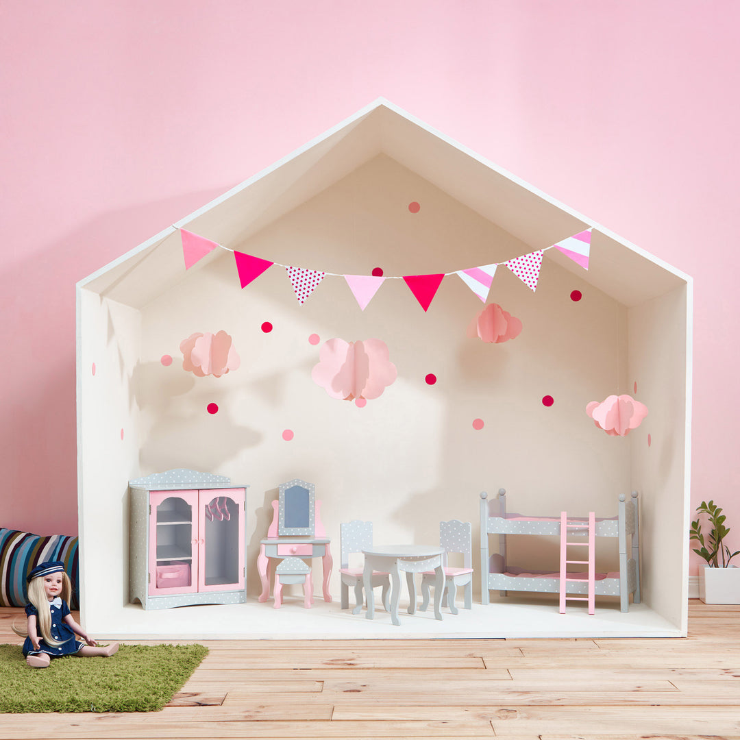 A doll house with matching gray with white polka dots and pink accents for 18" dolls: chiffarobe, vanity with a stool, table with two chairs, and a bunk bed.