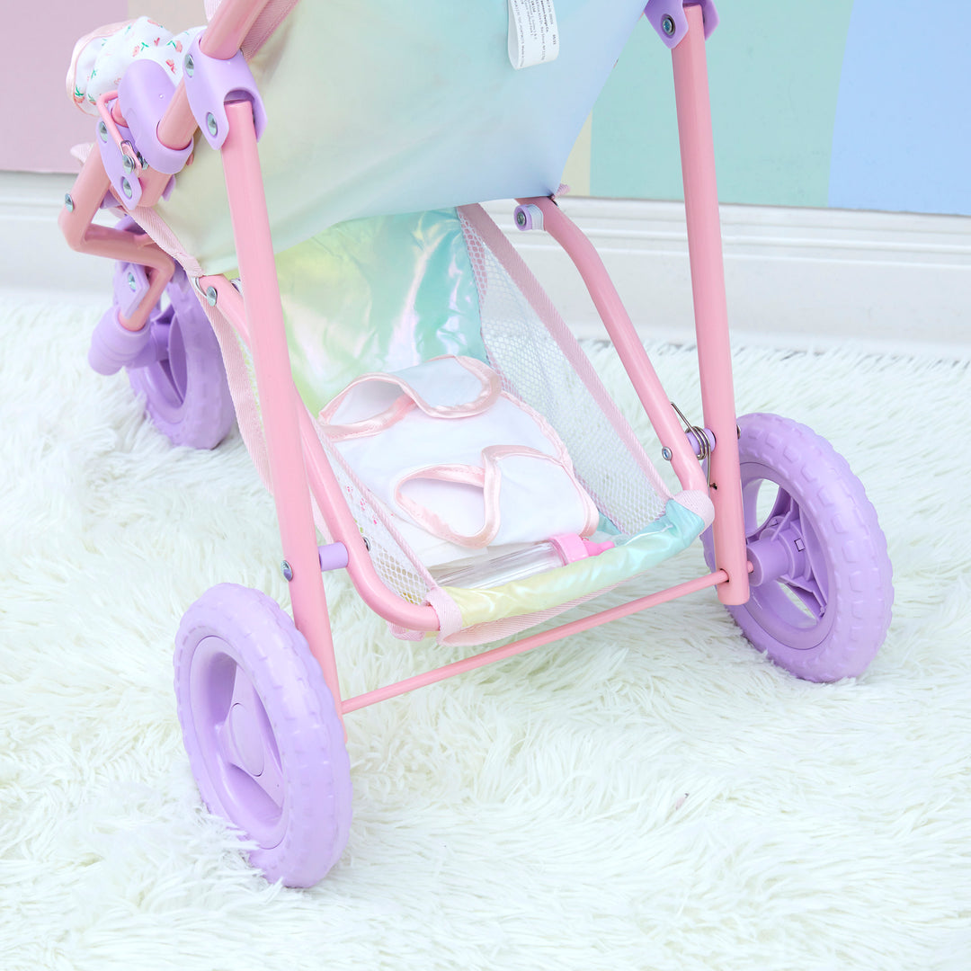A close-up of the storage basket with a diaper and baby bottle inside.
