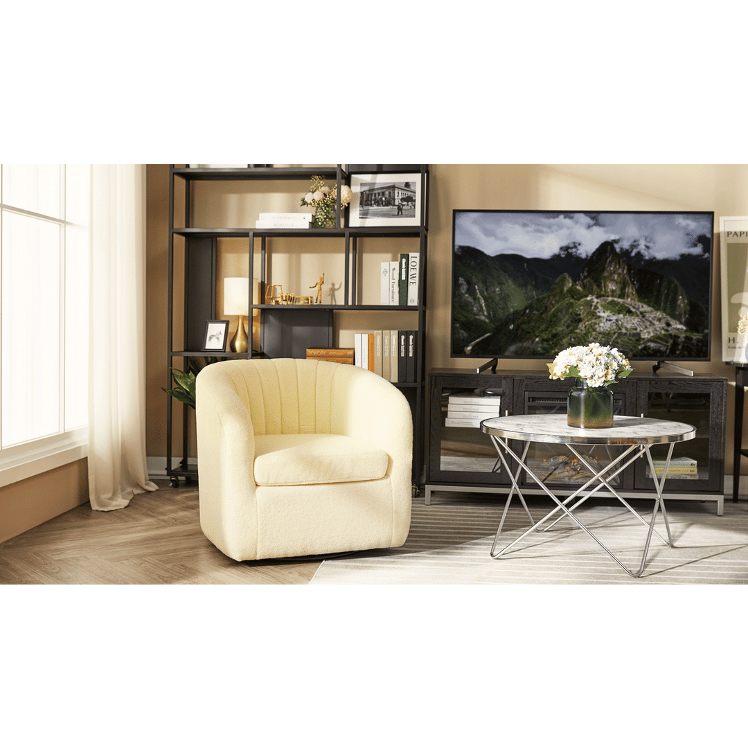 Teamson Home Monroe Faux Shearing Swivel Tub Chair with Channel Tufting, Ivory