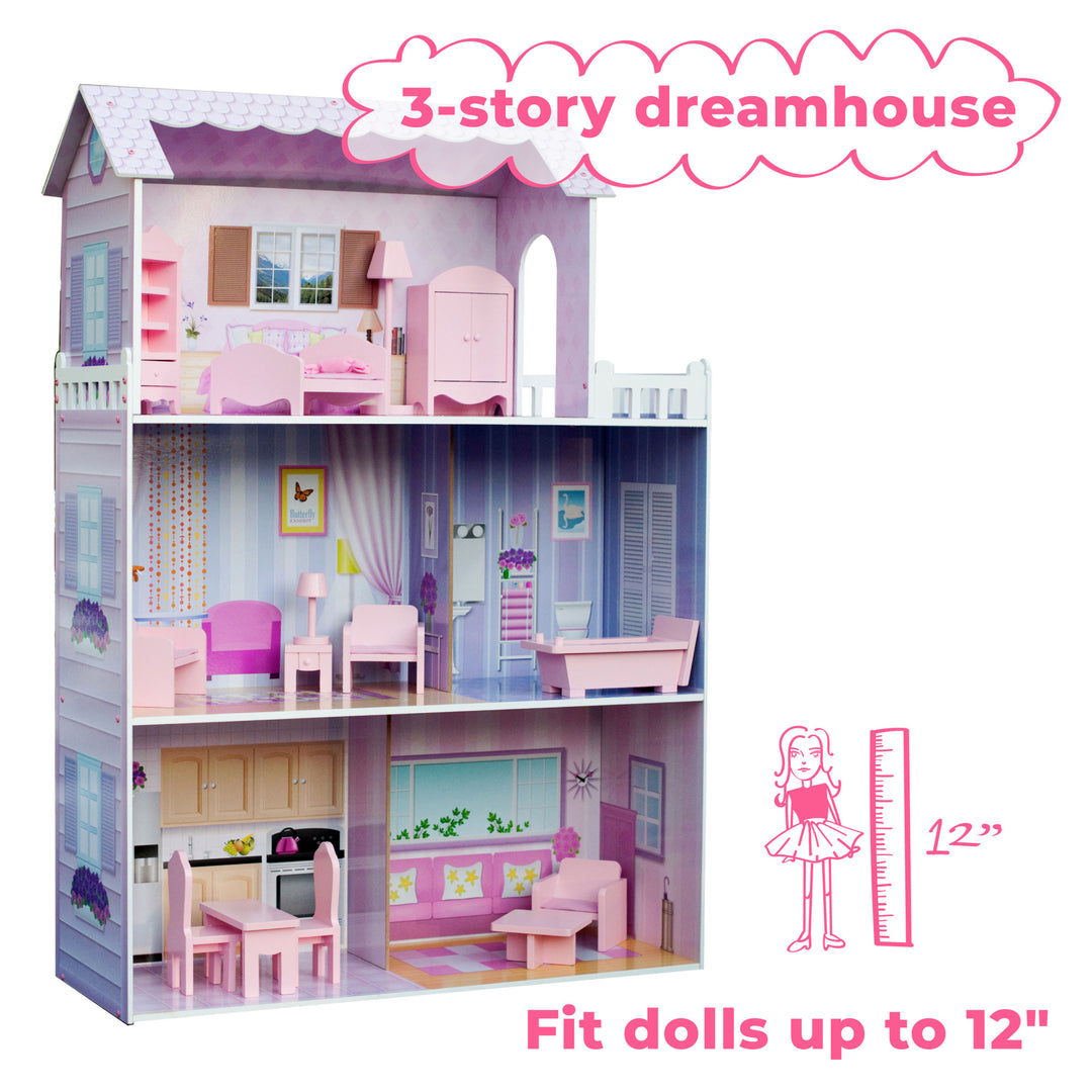 3 story dreamhouse for Barbie sized dolls with wooden construction.
Product Name: Olivia's Little World Dreamland Tiffany Dollhouse with 12 Accessories, Pink/Purple