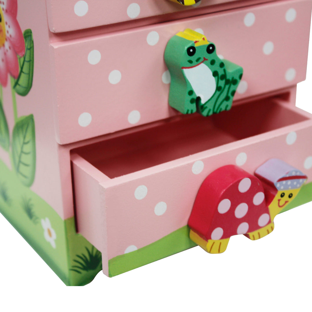 A Fantasy Fields Magic Garden Kids Wooden Trinket Chest, Pink with frogs and polka dots.