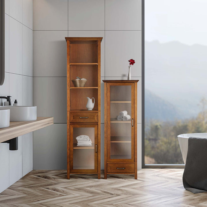 Modern bathroom interior with a Teamson Home Avery Wooden Linen Tower Cabinet with Storage, wooden cabinets, and a minimalist design.