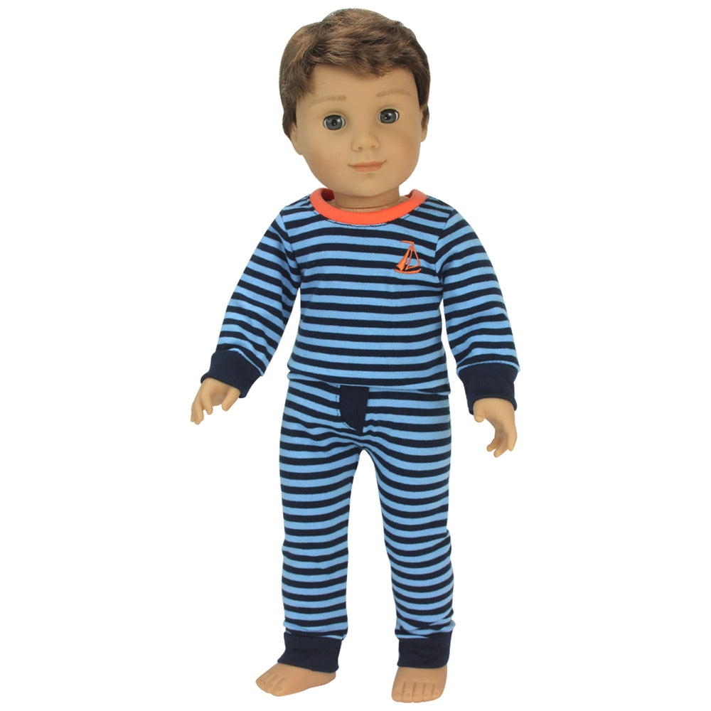 A 18" boy doll dressed in a navy and light blue striped pajama set.