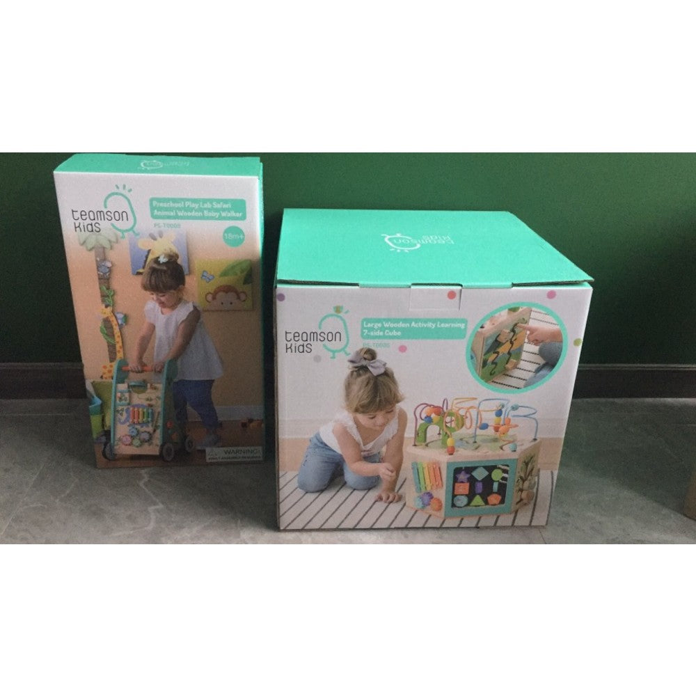 A view of the packaging for two different activity stations from Teamson.
