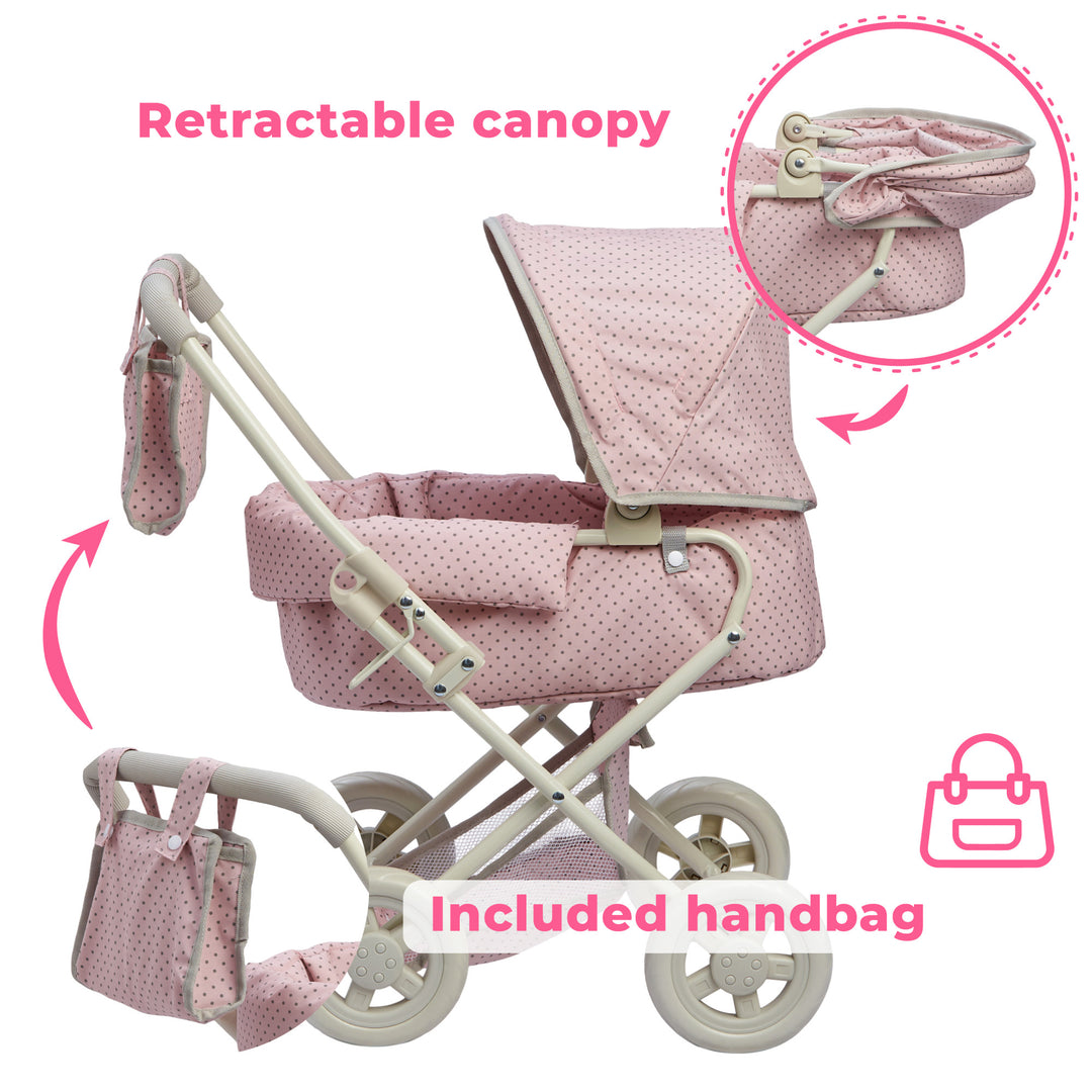 Callouts of the canopy and diaper bag with captions "Retractable Canopy" and "Included Handbag"