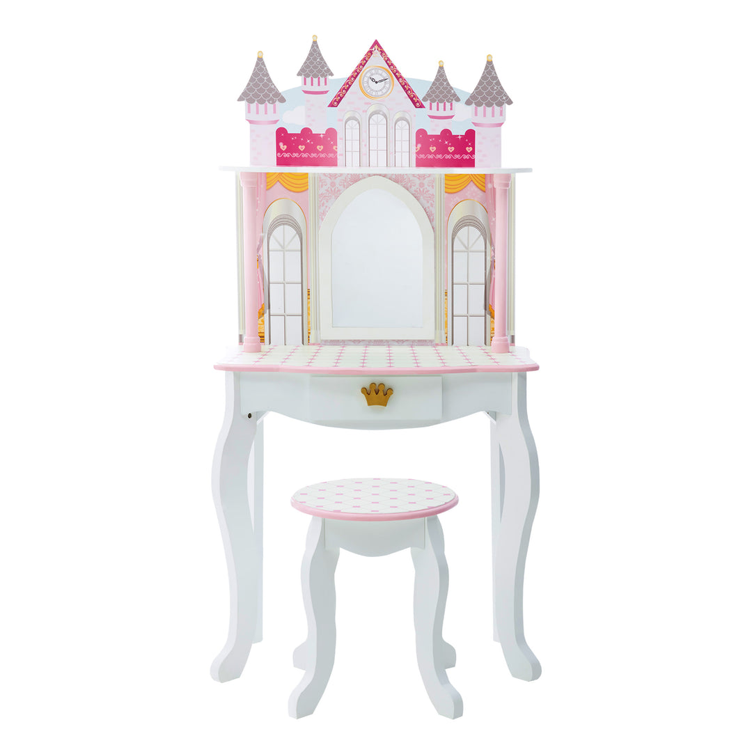 A Fantasy Fields Kids Dreamland Castle Vanity Set with Chair and Accessories in White/Pink.