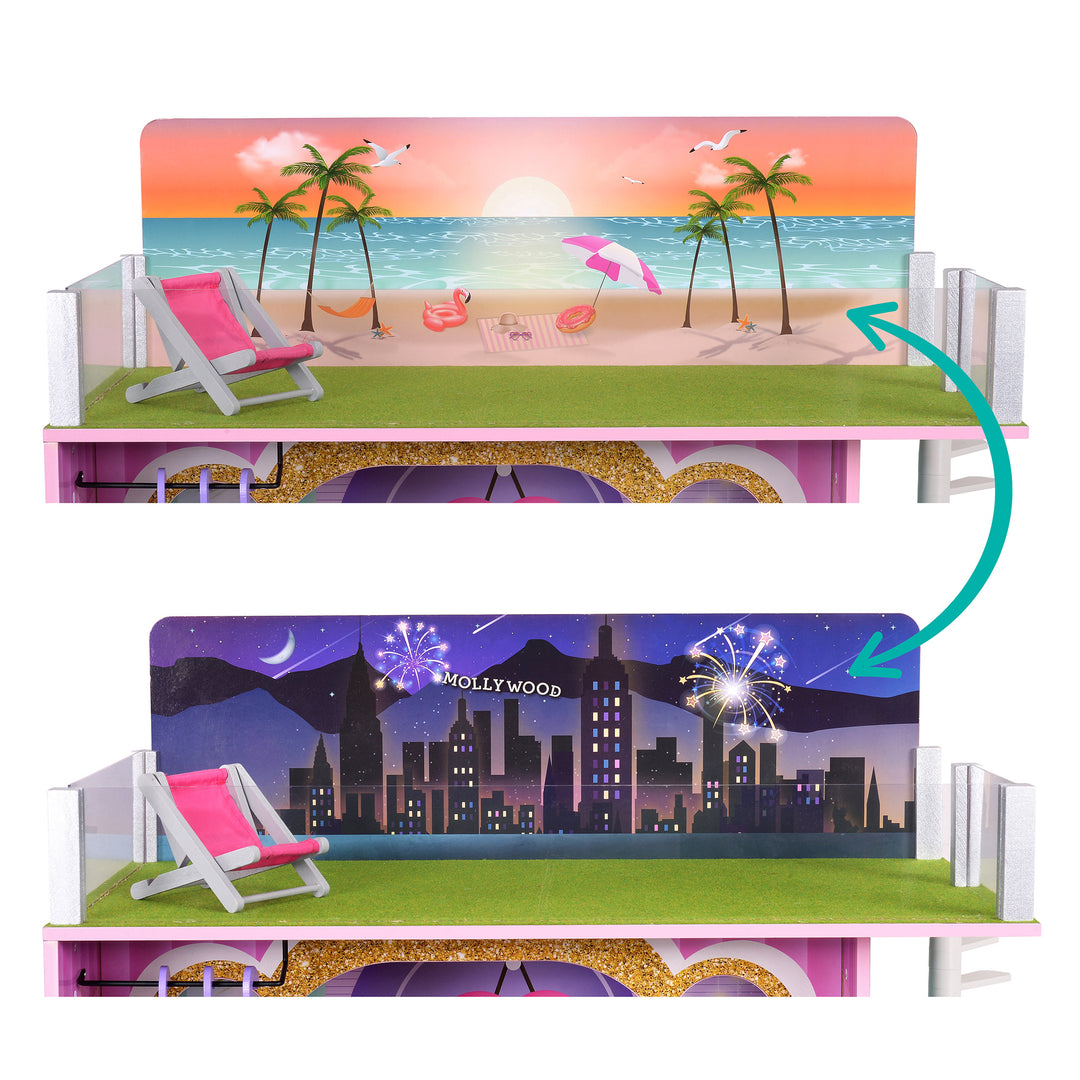 A view of the reversible skyline panel - on top the day view with the beach and ocean, the night view with a skyline and fireworks.