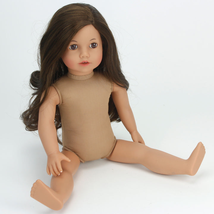 A Sophia's Undressed Posable 18'' Soft Bodied Vinyl Doll "Sophia" with brunette hair and brown eyes, Light Skin Tone sitting on a white background.