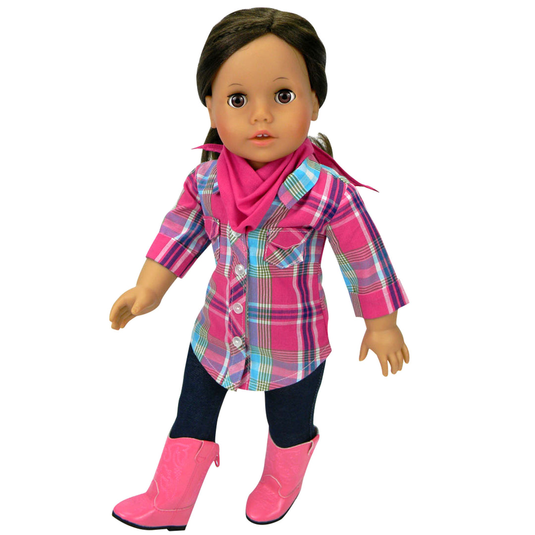 A Sophia's doll wearing pink boots and a western outfit.