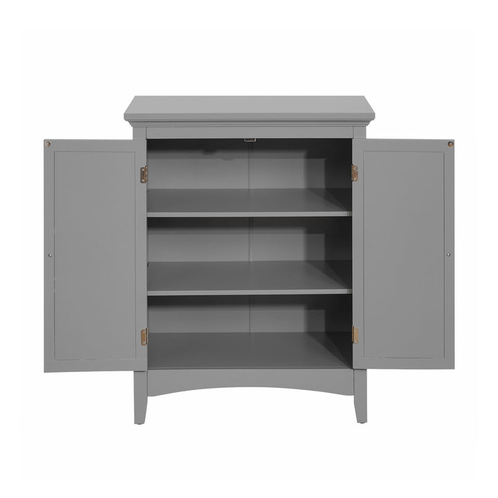Teamson Home Gray Glancy Floor Cabinet with two louvered doors with the doors open