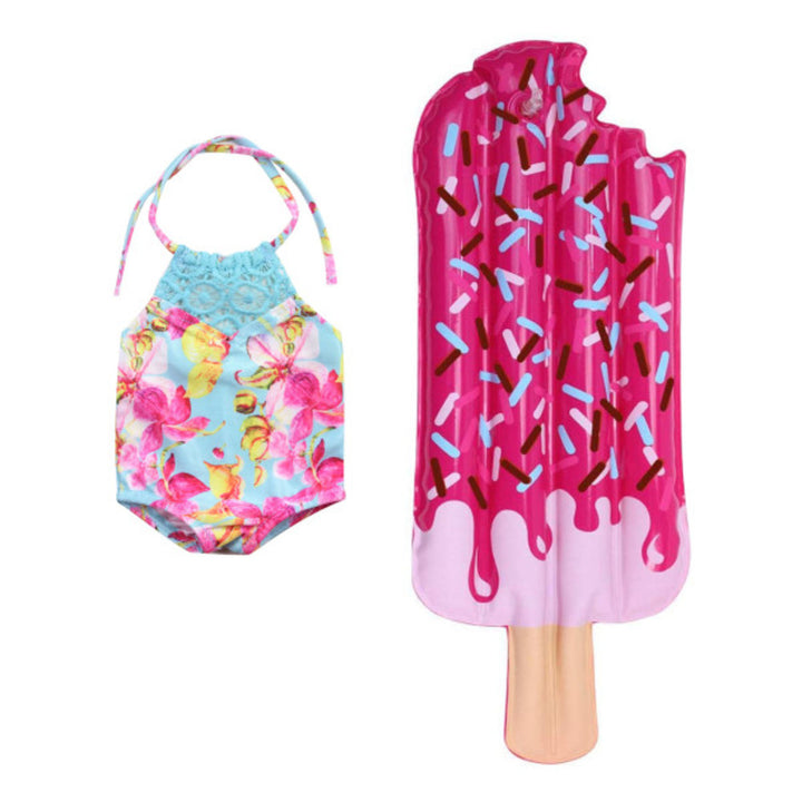 A blue floral bathing suit and pink popsicle inflatable raft for 18" dolls.