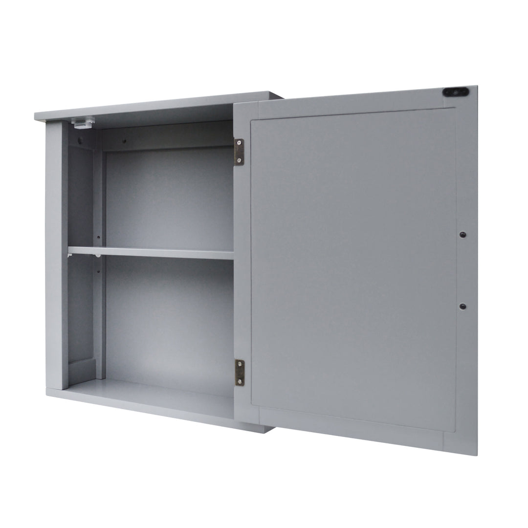 A Gray Mercer Removable Mirrored Medicine Cabinet open with the adjustable shelf inside