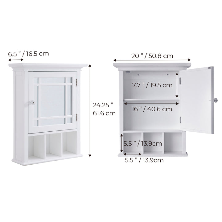 Interior and exterior dimensions in inches and centimeters of a White Teamson Home Neal Removable Mirrored Medicine Cabinet with open shelving