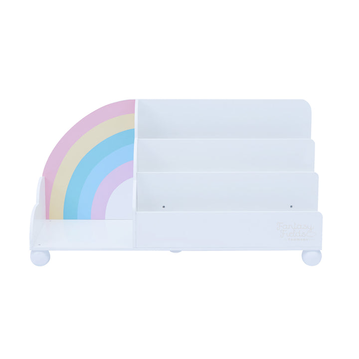A Fantasy Fields Rainbow Wooden Display Bookcase, White, perfect for nursery storage.