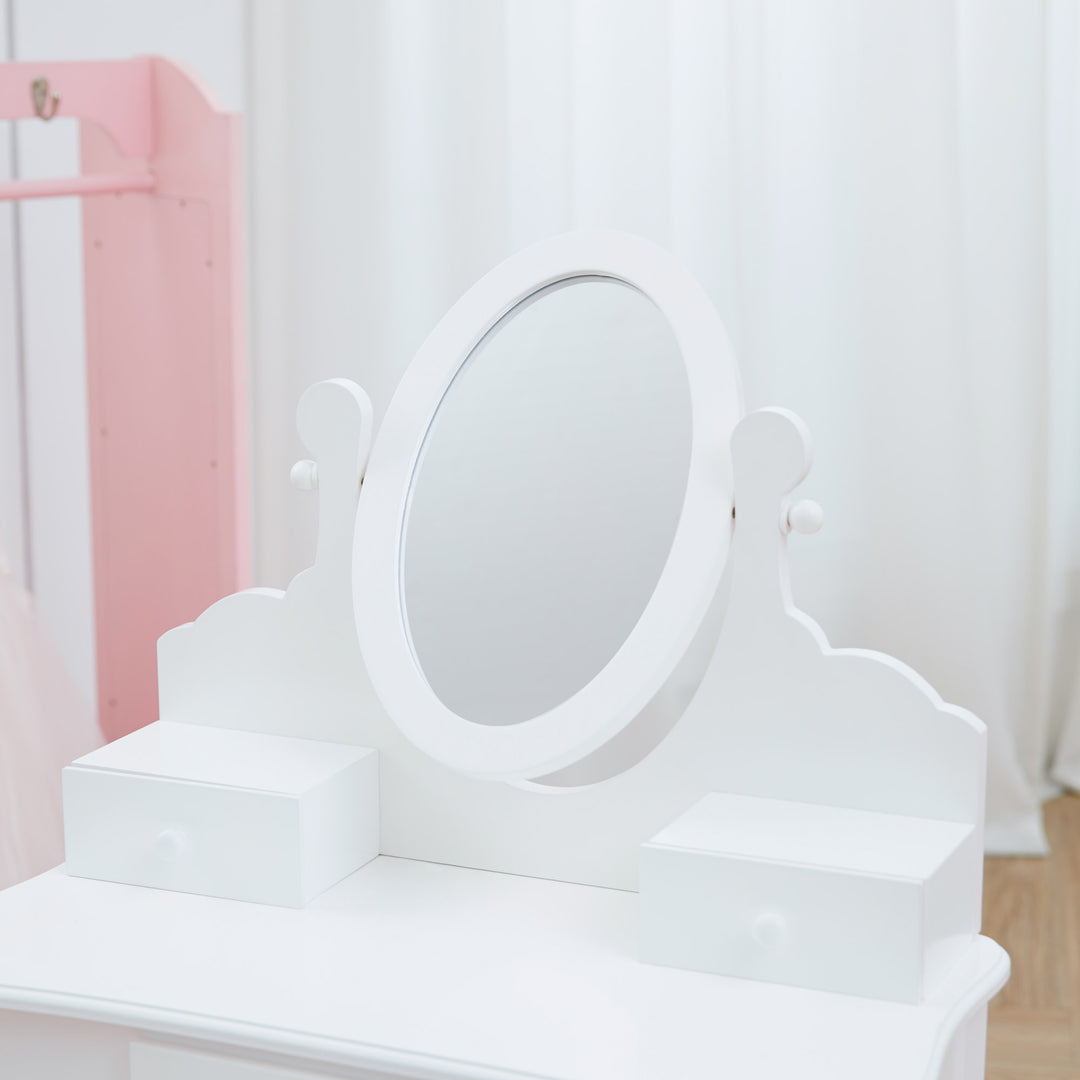 A Fantasy Fields Little Princess Rapunzel Vanity with Mirror, Drawers and Stool, White dressing table.