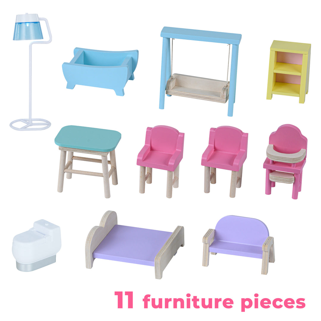 A photo of all the accessories with a caption "11 furniture pieces"