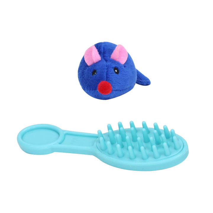 A blue toy mouse with pink ears and a blue brush.a red nose for the faux siamese kitten 