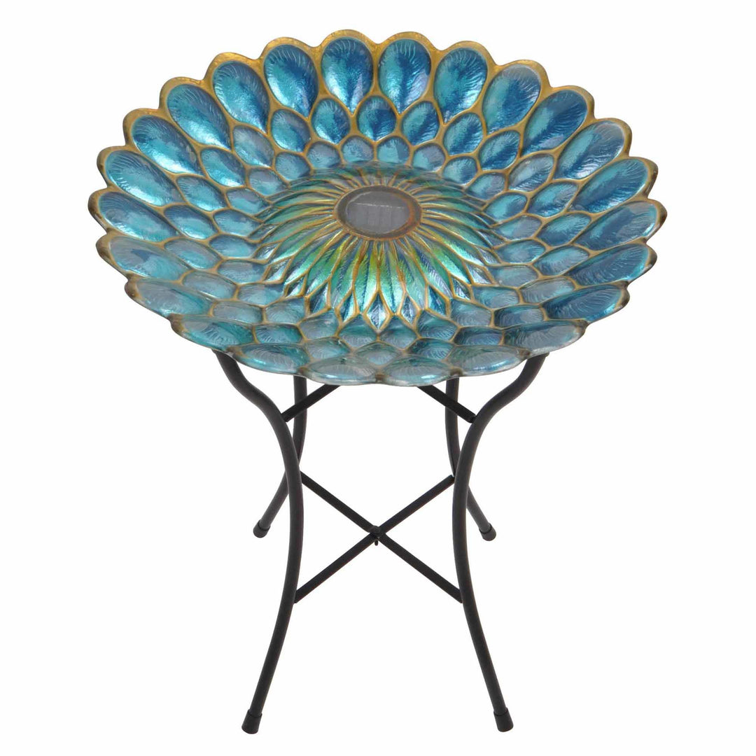 Teamson Home 18" Outdoor Solar Glass Flower Mosaic Birdbath with LED Lights and Stand, Blue