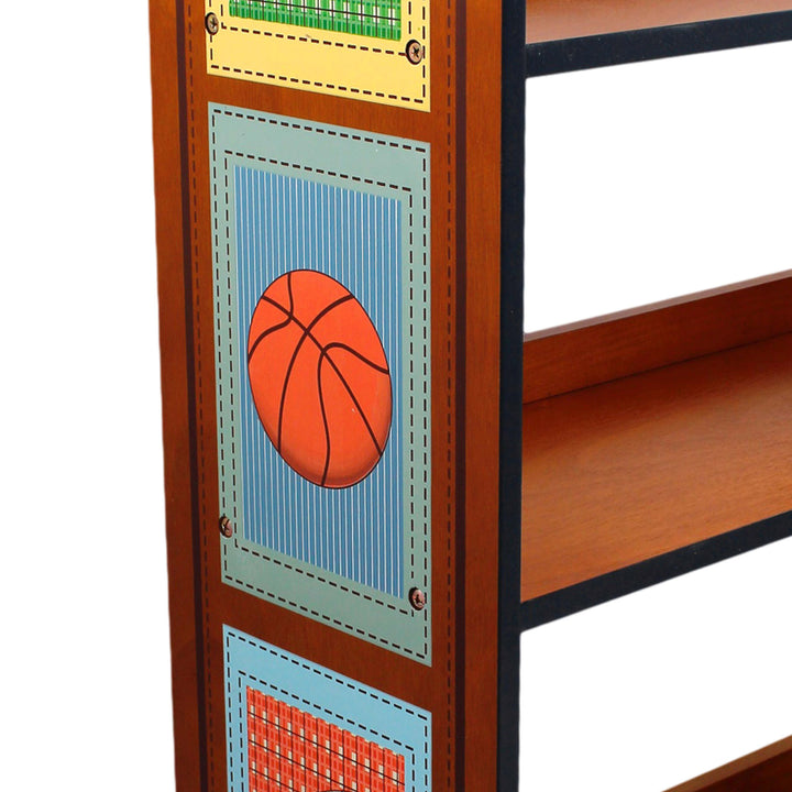 A Fantasy Fields Little Sports Fan Kids Furniture tall bookshelf with a basketball on it.