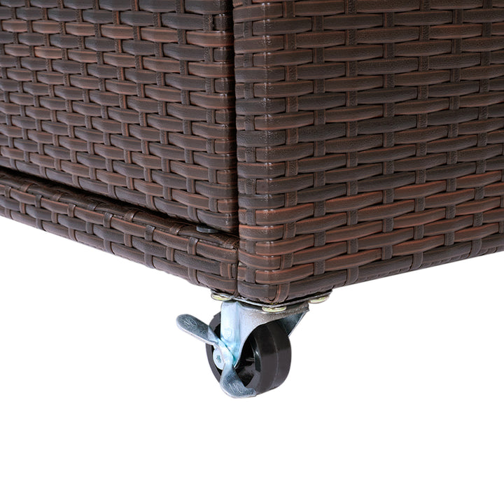Close-up view of a Teamson Home Veronica Portable Outdoor Bar Cart with a black caster wheel.