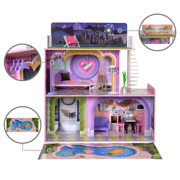 Callouts of features include a clothing rod with three purple hanger, the reversible skyline panel from night to day, and a mat with a swimming pool.