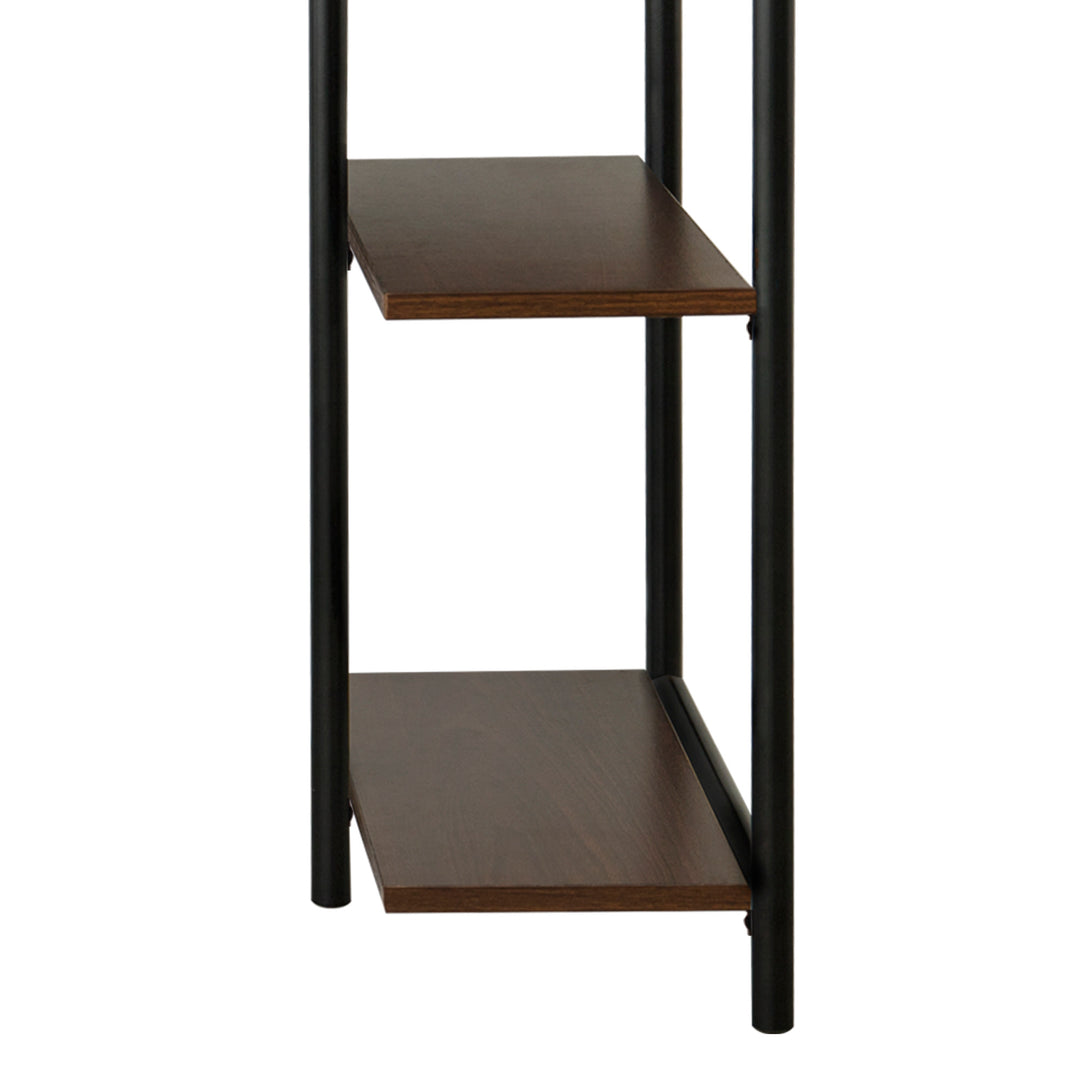 A close-up of two of the storage shelves on the Teamson Home Computer Desk with Metal Base and Storage, Walnut Finish/Black