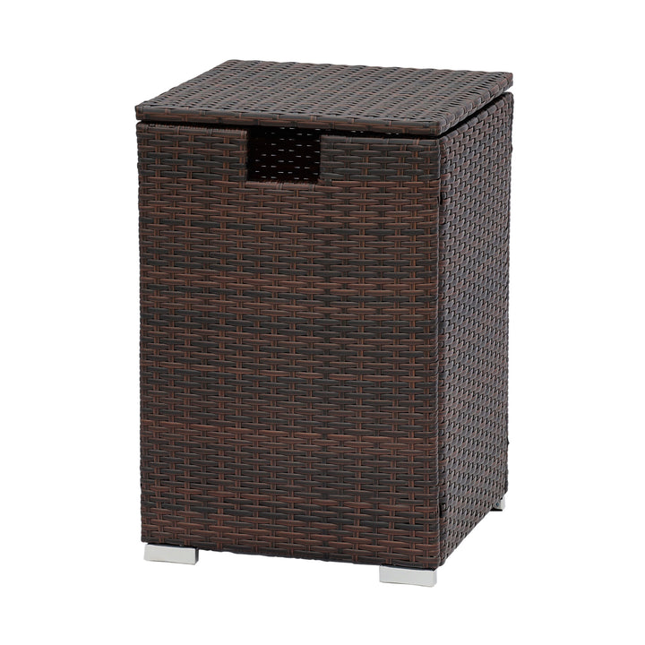 Teamson Home Gas Tank Wicker Cover Table for 20 lb Propane Tanks, Brown with a hinged lid on a white background.