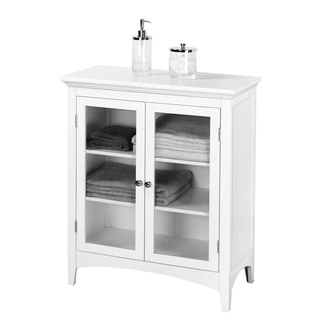 Teamson Home Madison Double Door Floor Storage Cabinet, White with towels on the shelves