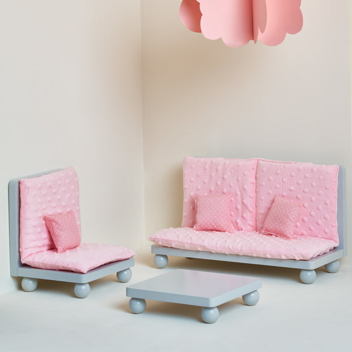 A 3-piece 18' doll seating set with  chair, sofa and coffee table.