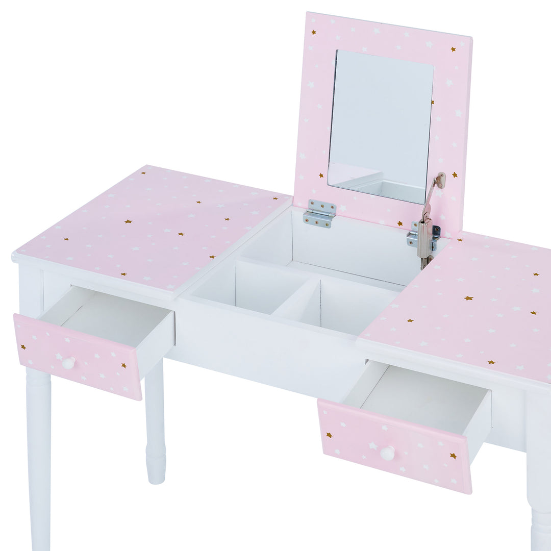 A Fantasy Fields Kids Kate Twinkle Star pink/white vanity set with drawers and a foldable mirror.