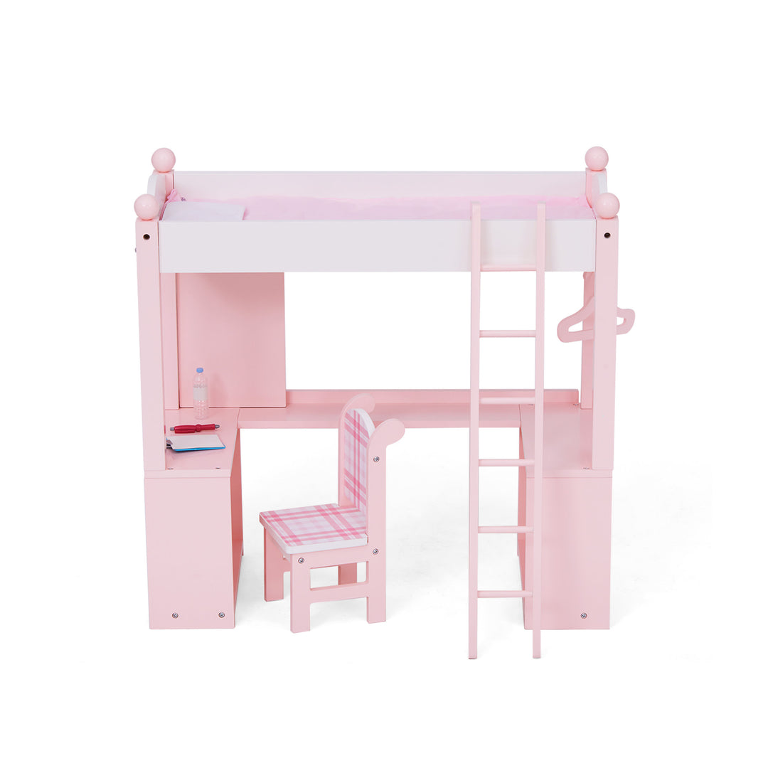 A view of a pink and white loft bed with a ladder, chair and desk area underneath.