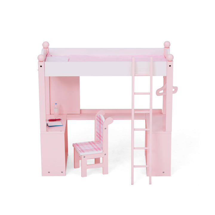 A view of a pink and white loft bed with a ladder, chair and desk area underneath.