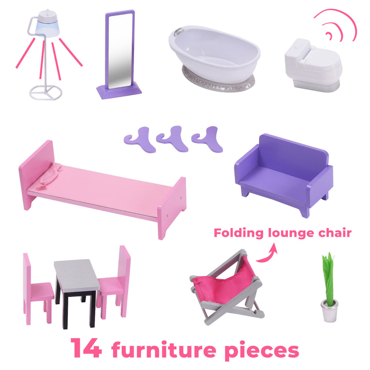 The accessories: floor lamp, full length mirror, bathtub, toilet, pink bed, three purple hangers, purple sofa, table with two pink chairs, pink folding chair and potted plant with caption "14 furniture pieces"