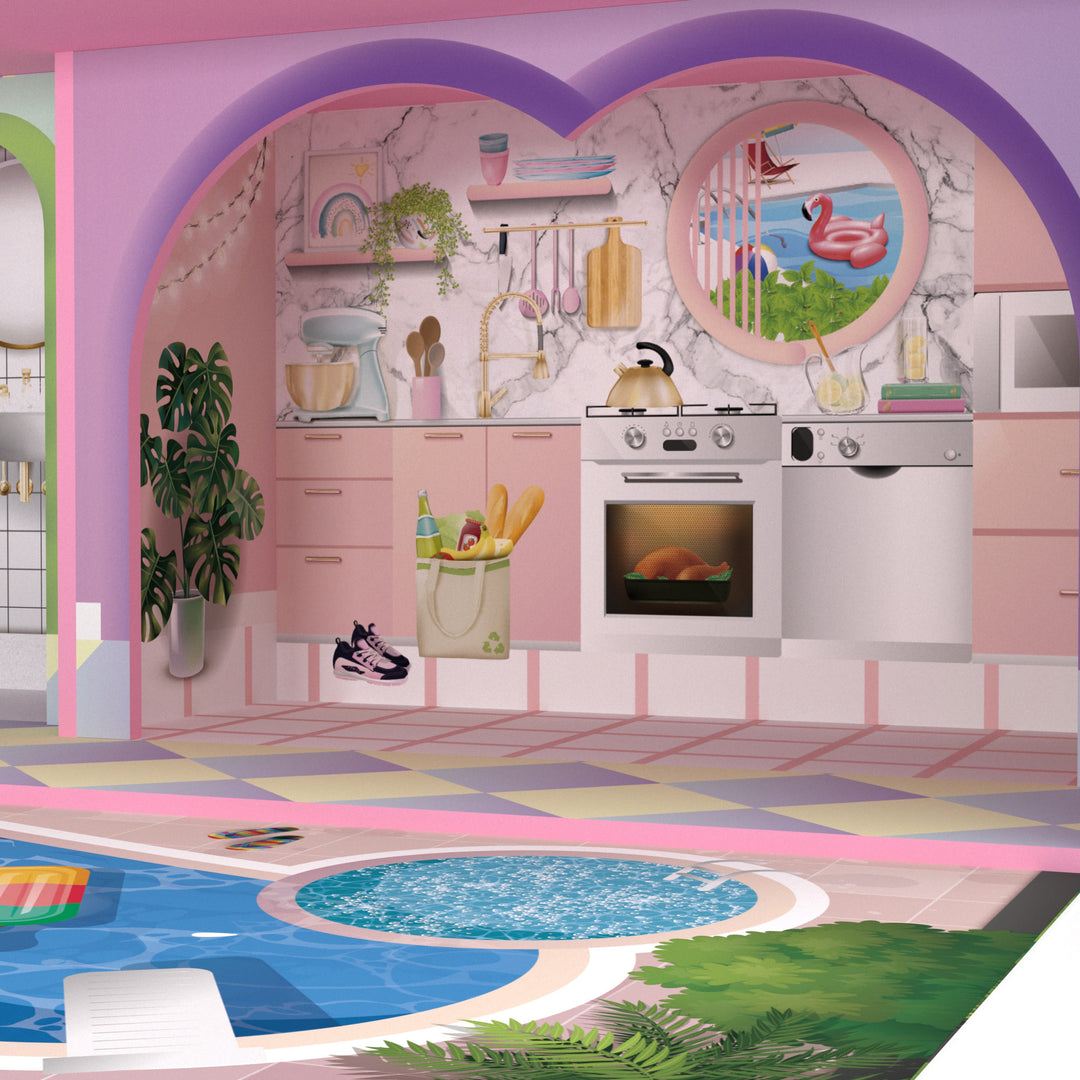 A close-up of the kitchen with stickers added on the illustrated backdrop.