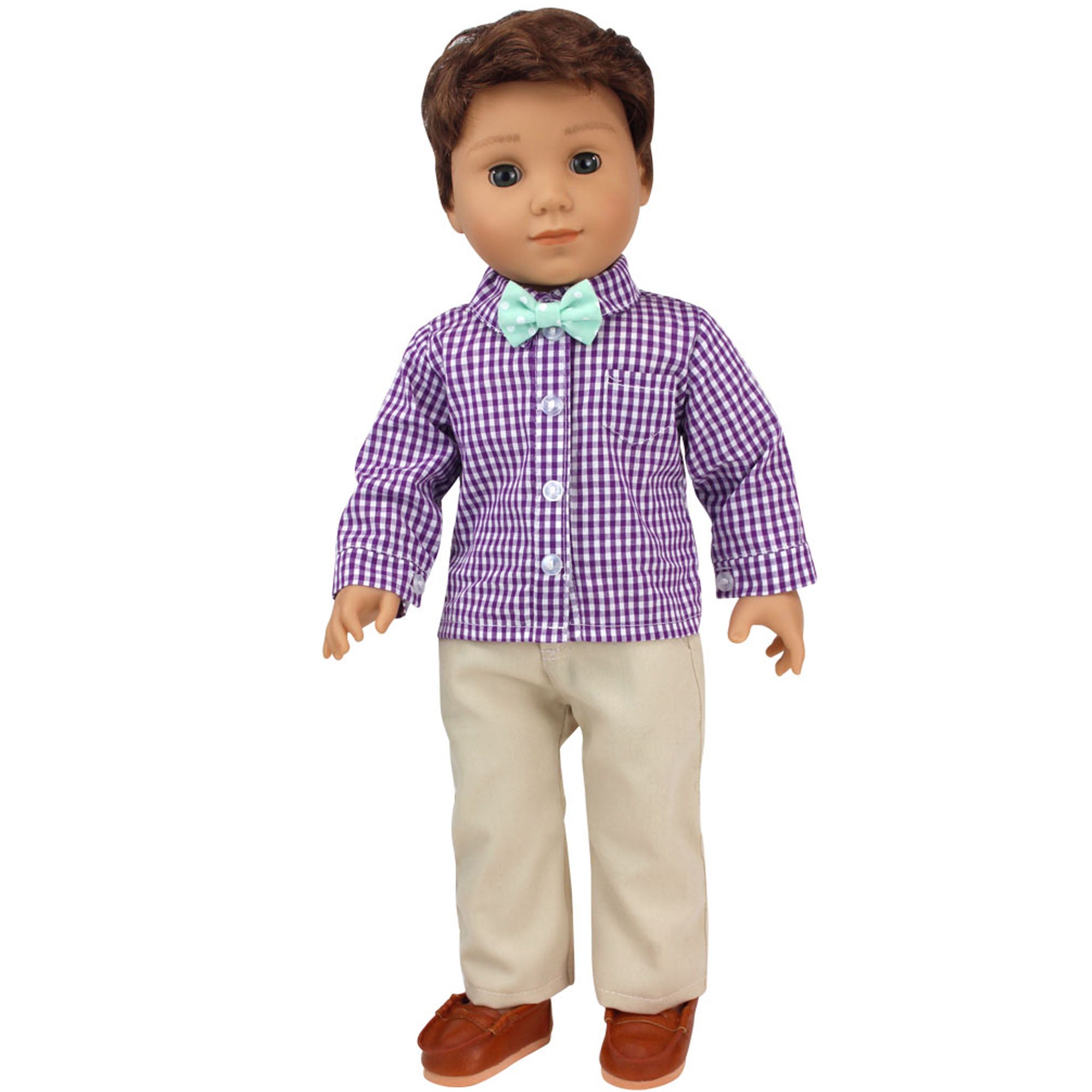 Sophia’s Complete Gender-Neutral Outfit Set with Gingham Shirt, Mint Green Polka Dot Bow Tie, & Khaki Pants for 18” Dolls, Purple