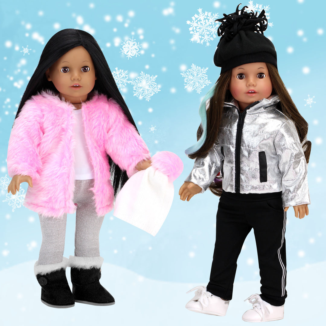 Sophia's Shaggy Coat, Winter Hat, Leggings and Boots for 18" Dolls, Pink/Gray/Black