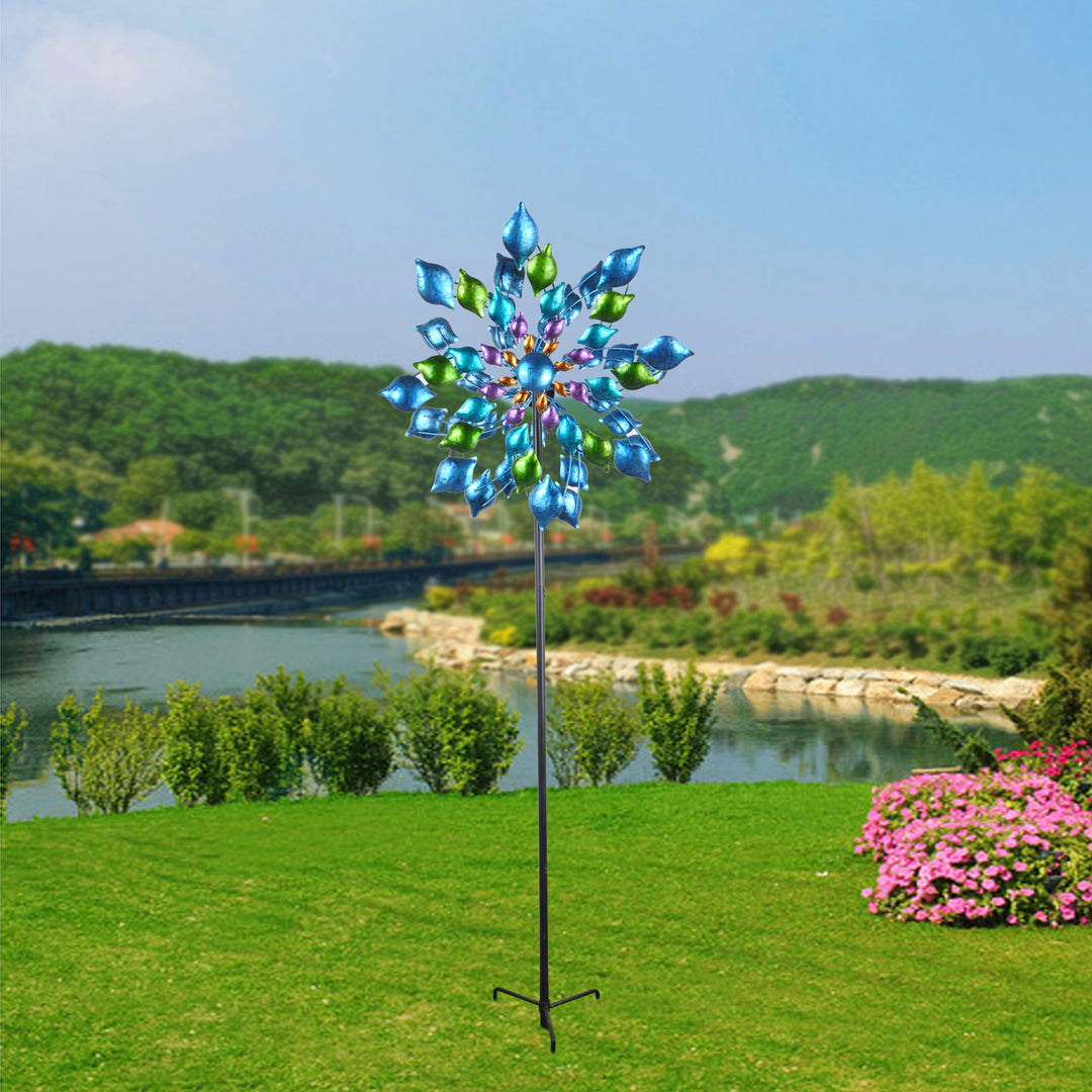 Teamson Home - Outdoor Blue Floral Kinetic Dual Spinner Windmill