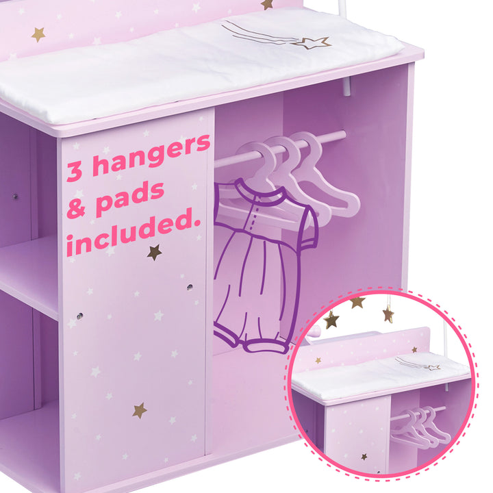 A baby doll changing station in purple with white and gold stars with a focus on the closet with 3 pink hangers and the caption "3 hangers & pads included." and a callout of a white cushion on the changing table.