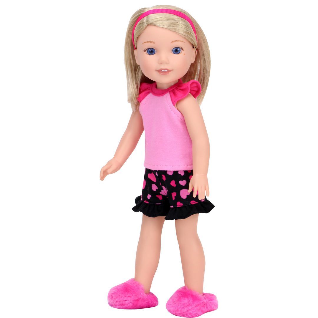 Sophia's - 14.5" Doll - Girl Pink & Black Heart Print Pajamas, Hair Tie & Fuchsia Fluffy Slippers - Hot Pink