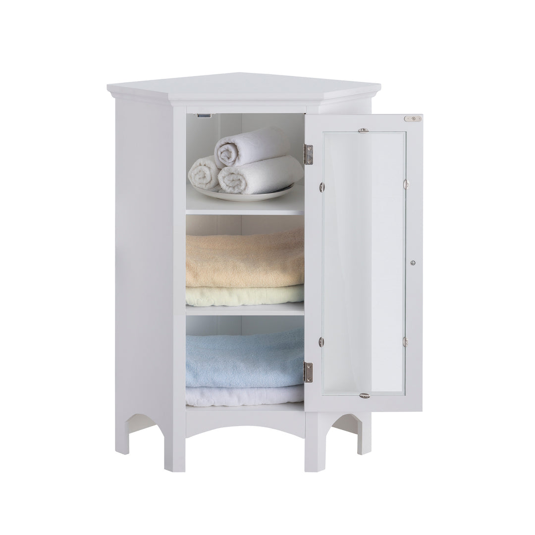 Teamson Home Madison Corner Floor Storage Cabinet, White with a door open with towels on the shelves