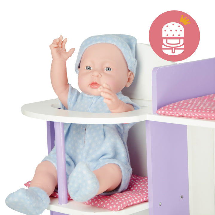 A close-up of the baby doll changing station's high chair portion with a high chair icon.