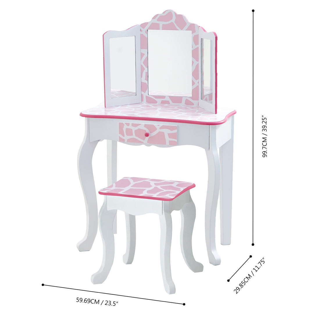 Dimensions in inches and centimeters of aFantasy Fields Gisele Giraffe Prints play vanity set with a stool from Fantasy Fields.