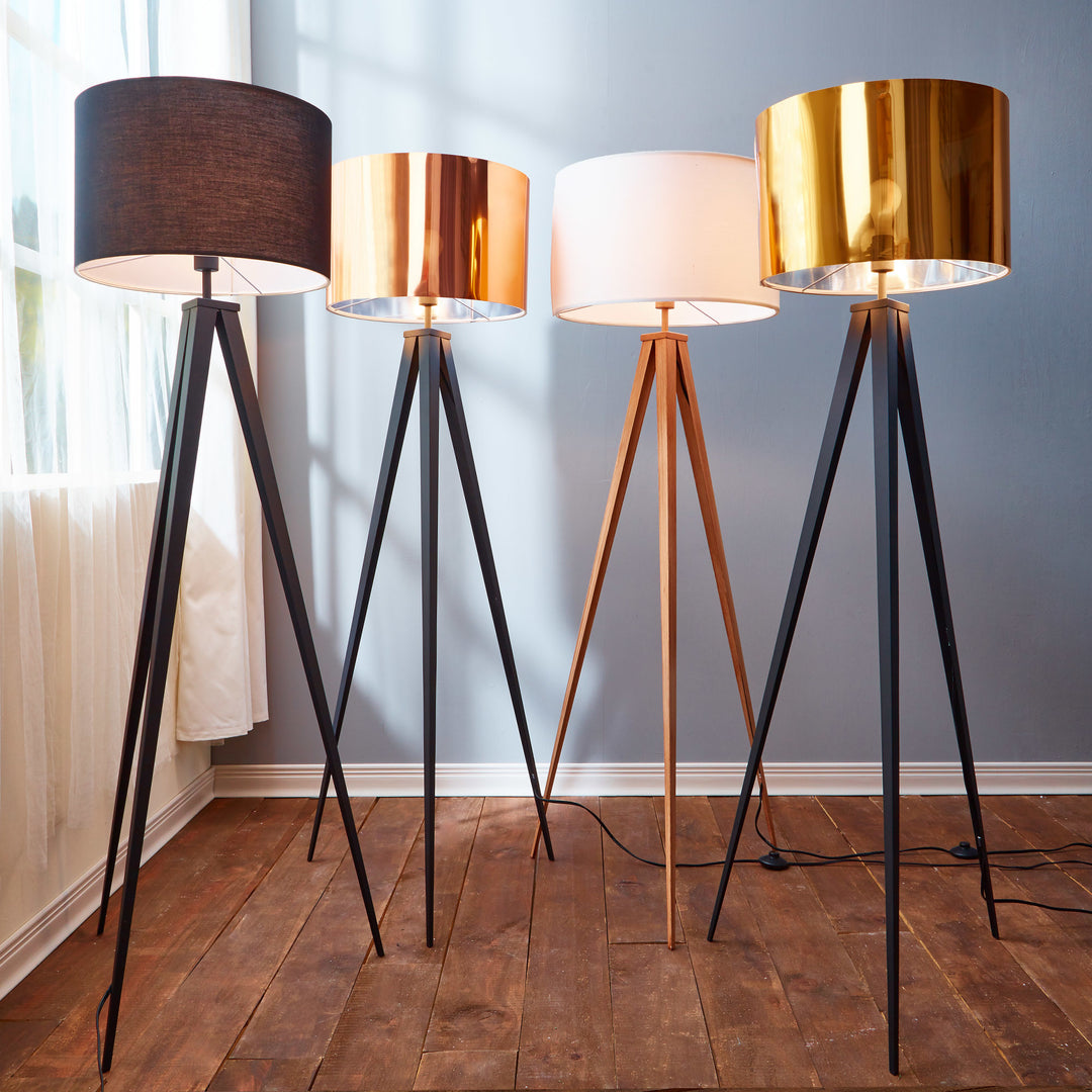 Four Teamson Home Romanza 60.23" Postmodern Tripod Floor Lamps with different color drum shades: black, copper white, and gold