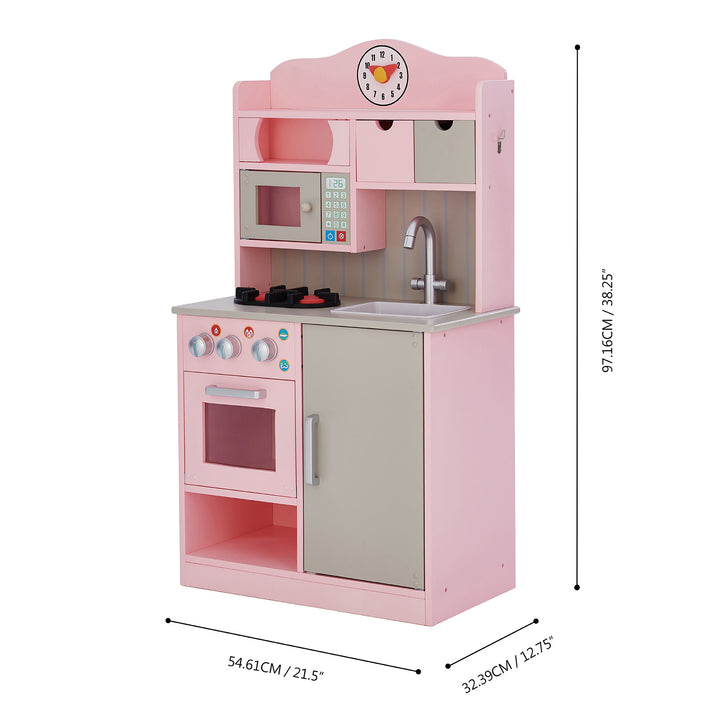 Teamson Kids Little Chef Florence Classic Play Kitchen, Pink/Gray with dimensions labeled in centimeters and inches.