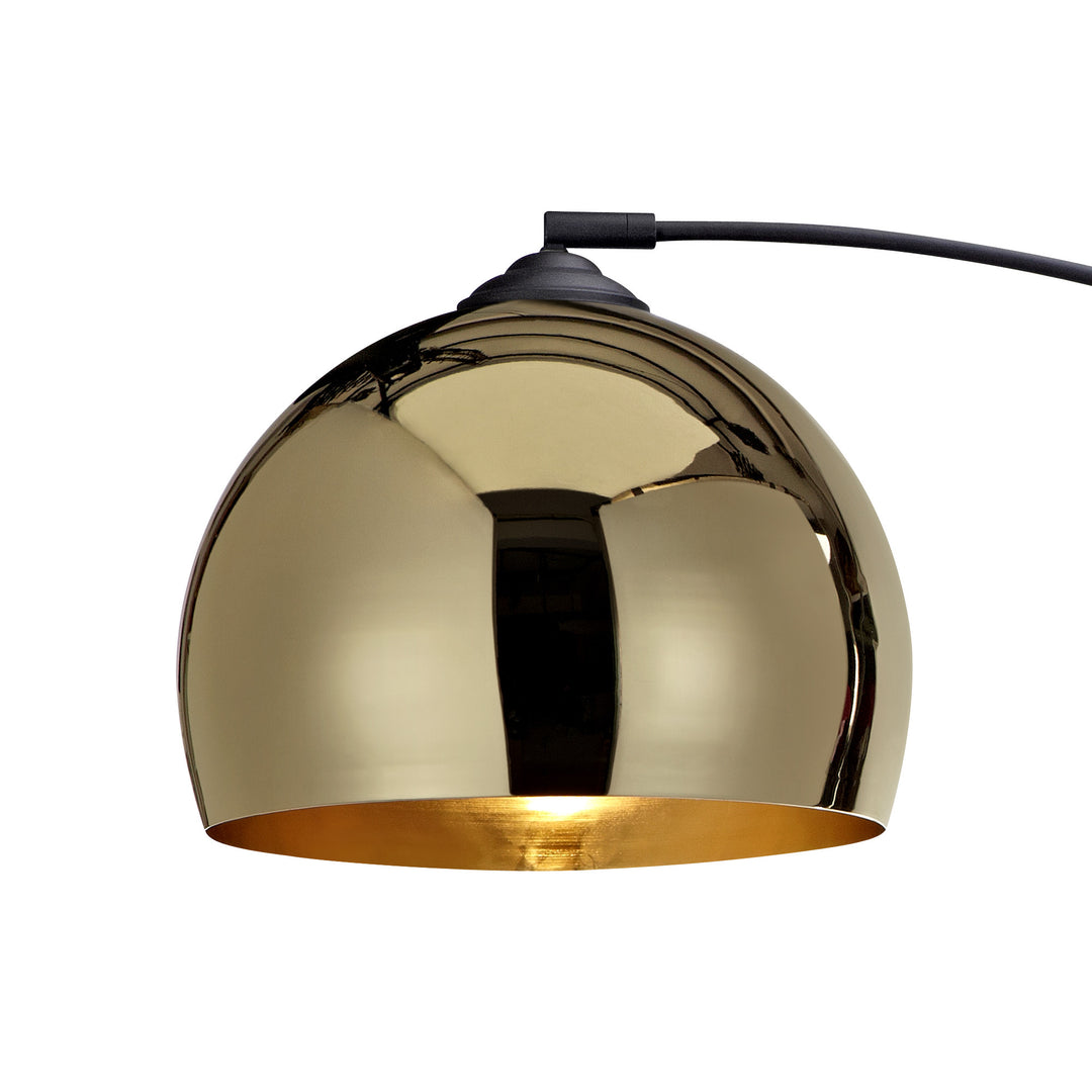 A Teamson Home Arquer Arc Metal Floor Lamp with Bell Shade, Gold with a marble base on a white background.