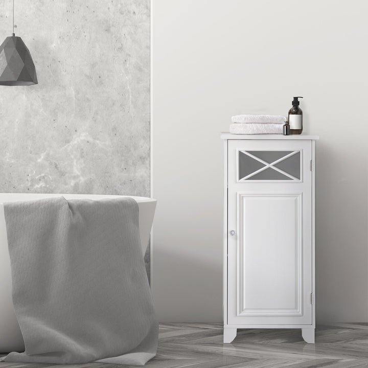 Teamson Home Dawson Floor Cabinet, White in a bathroom next to a bathtub 
